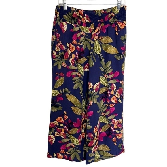 J. Jill Wide Leg Cropped Pant Women's S Blue Multi Tropical Smocked Waist - Picture 1 of 11